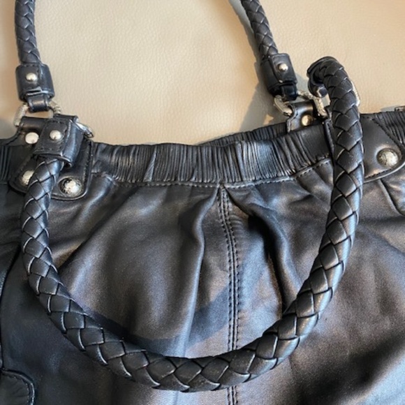 Stuart Weitzman black genuine leather shoulder bag satchel braided straps - Picture 4 of 16